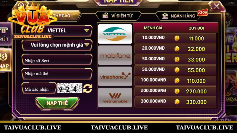 Hướng dẫn nạp rút tiền tại Vuaclub