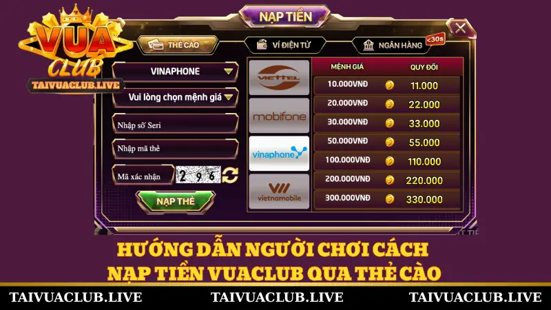 Hướng dẫn người chơi cách nạp tiền Vuaclub qua thẻ cào